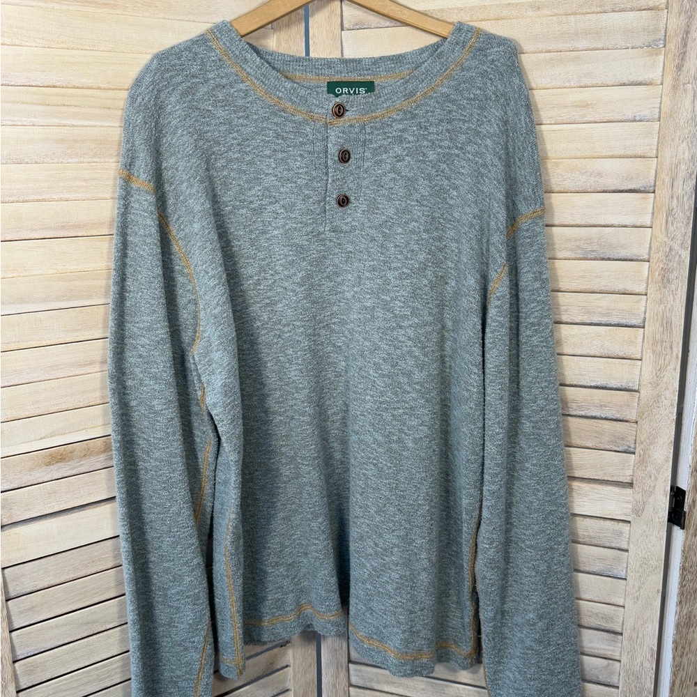 Orvis Men's Green/Gray Long Sleeve cotton/poly/cashmere blend Henley Shirt